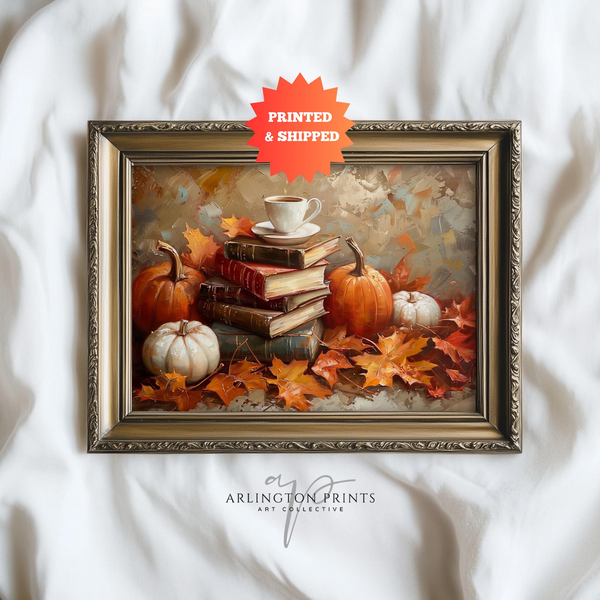 Colorful Fall Bookish Painting, Coffee Bar Art, PRINTED AND