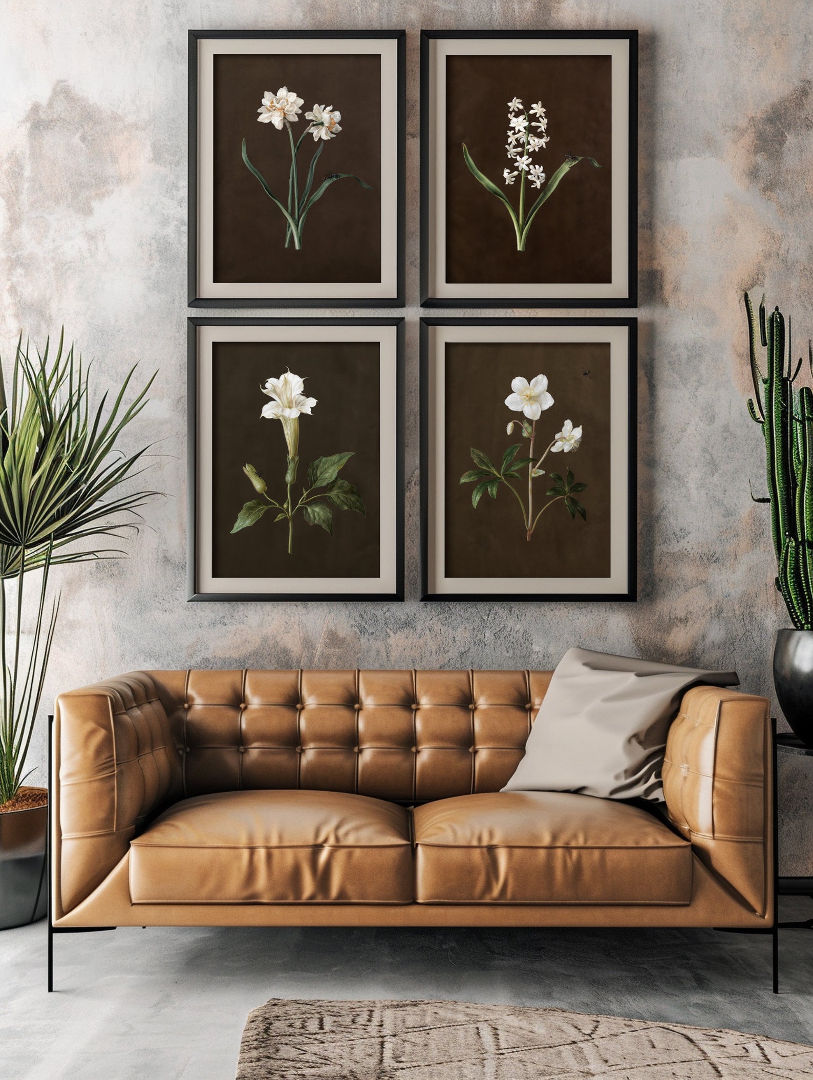 Moody Vintage Botanical Print Set of Four, PRINTABLE Muted Floral Art ...