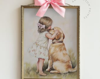 May include: A framed print featuring a young child with a pink hair bow wearing a white floral dress, hugging a golden dog. The artwork is encased in a gold-toned frame, suspended by a rope, and adorned with a large, light pink satin ribbon bow.