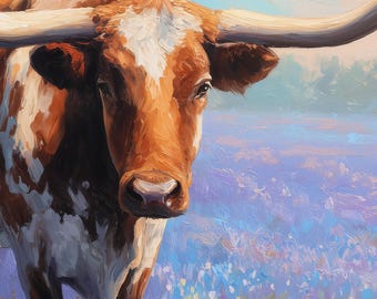 テキサスロングホーン牛の壁アート、ブルーボネット畑の印刷物、西部