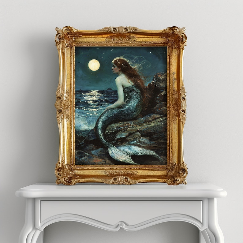Mermaid Artwork, Fantasy Wall Art, Little Mermaid, Sky Oil Painting, Digital Download, Vintage Printable Art, Moon Painting, Ocean Art, John William Waterhouse Inspired, Moody Wall Art, Dark Landscape Painting, Mermaid Art Print, Arlington Prints
