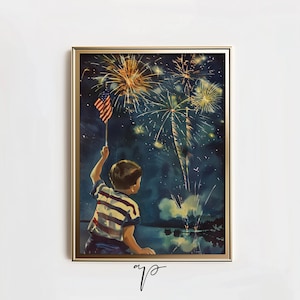 4th of July Vintage Wall Art | Printable Boy with American Flag and Fireworks Art | Fourth of July Print | Patriotic USA Independence Day