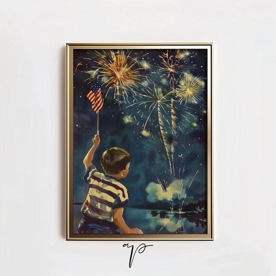 4th of July Vintage Wall Art | Printable Boy with American Flag and Fireworks Art | Fourth of July Print | Patriotic USA Independence Day