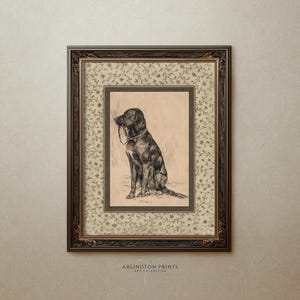 May include: A framed black and white print of a dog sitting with a leash in its mouth. The print is in a dark brown frame with a gold accent, set against a floral patterned background. The text "ARLINGTON PRINTS ART COLLECTIVE" is at the bottom.