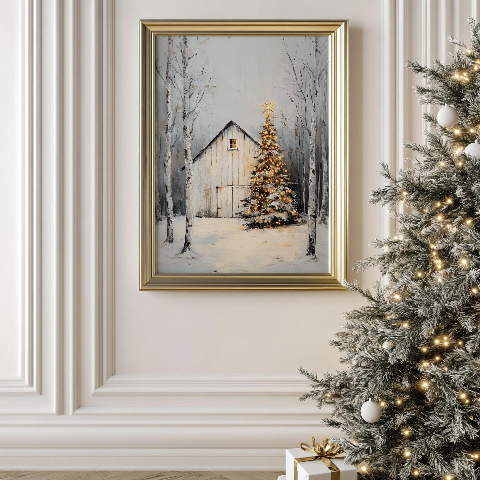 Vintage Rustic Christmas Barn Wall Art, PRINTABLE White Winter ...