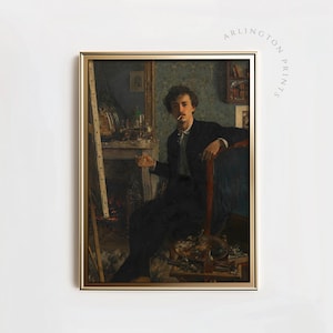 May include: A painting of a man sitting in a chair in a room with an easel and other art supplies. He is wearing a dark suit and has a cigarette in his hand. The painting is in a gold frame.