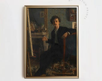 Könnte beinhalten: Ein Gemälde eines Mannes, der auf einem Stuhl in einem Raum mit einer Staffelei und anderen Kunstmaterialien sitzt. Er trägt einen dunklen Anzug und hält eine Zigarette in der Hand. Das Gemälde ist in einem goldenen Rahmen.