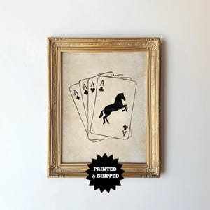 Vintage Western-Pferdedruck, Cowboy-Kunst mit vier Assen, rustikale Pokerkarten-Wanddekoration, Spielzimmer oder Saloon-Stil Kunstwerk UNGERAHMT DC-36