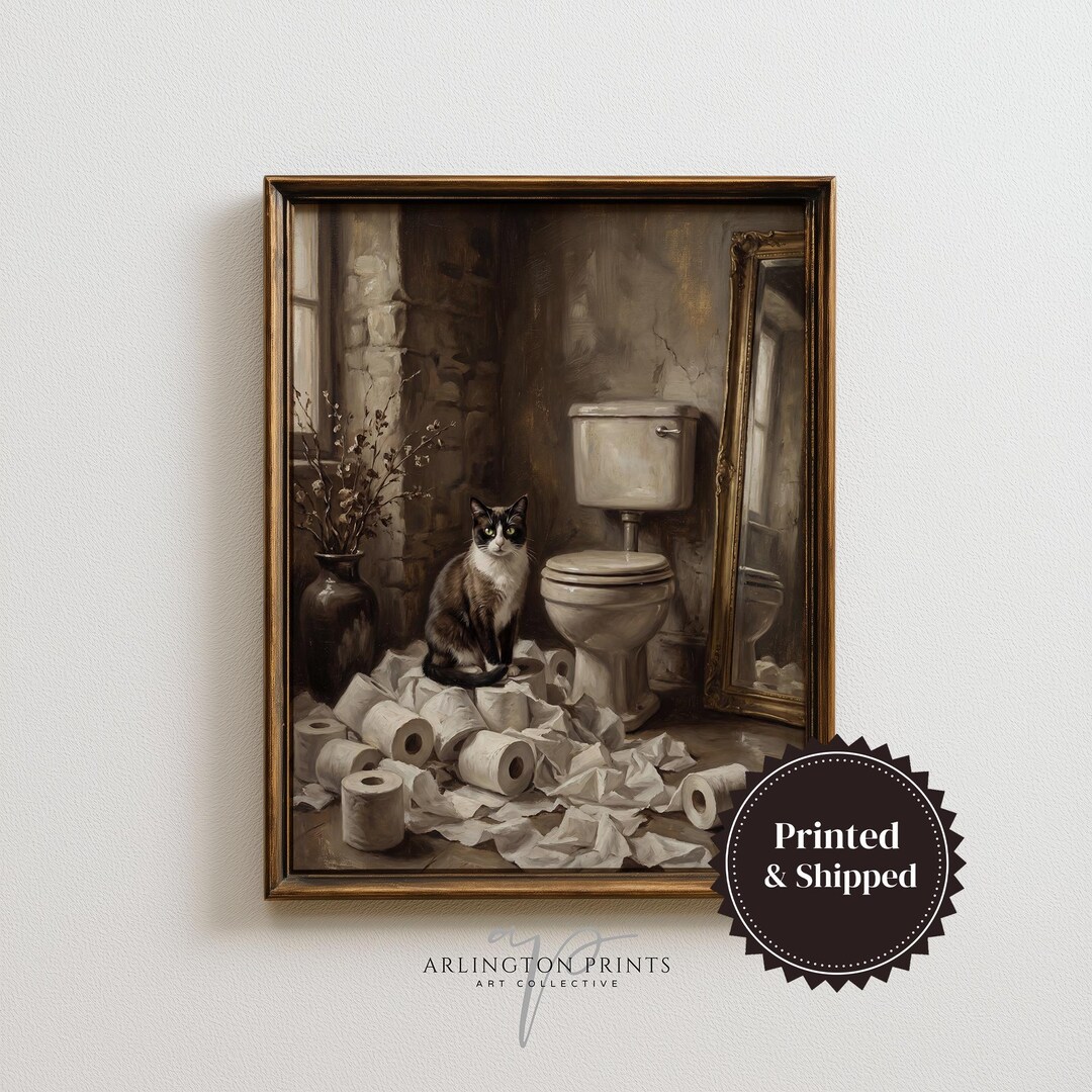 Funny Cat Bathroom Wall Art Print, UNFRAMED Vintage Style Toilet Humor ...