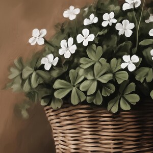 May include: A wicker basket filled with a lush green plant with white flowers. The basket is brown and has a woven texture.