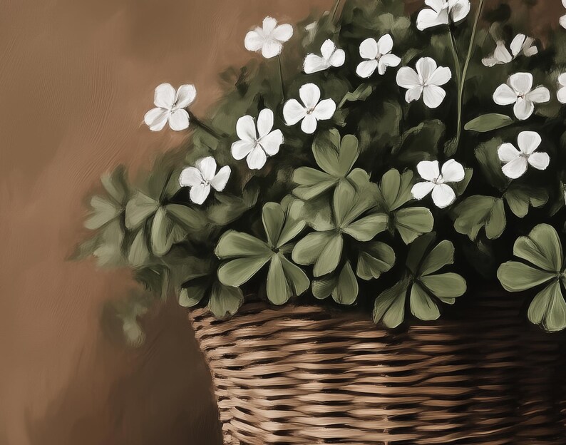 May include: A wicker basket filled with a lush green plant with white flowers. The basket is brown and has a woven texture.