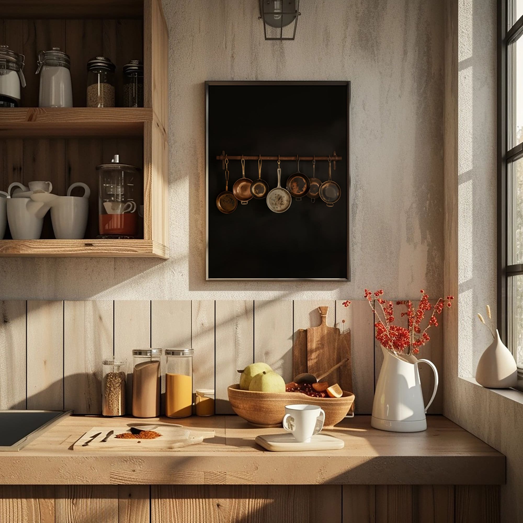 rustic cozy kitchen art prints under $7 shipped |... Rustic Farmhouse Kitchen Print | Moody Oil Painting of Pans | Vintage ...