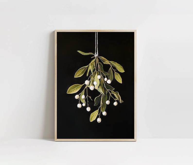 Printable mistletoe wall art with green leaves and white berries on a dark background, vintage rustic Christmas holiday print