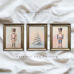 Christmas Wall Print Set, Pink Nutcracker and Tree Art, Pastel Holiday Gallery Wall, Printed and Shipped Artwork C104