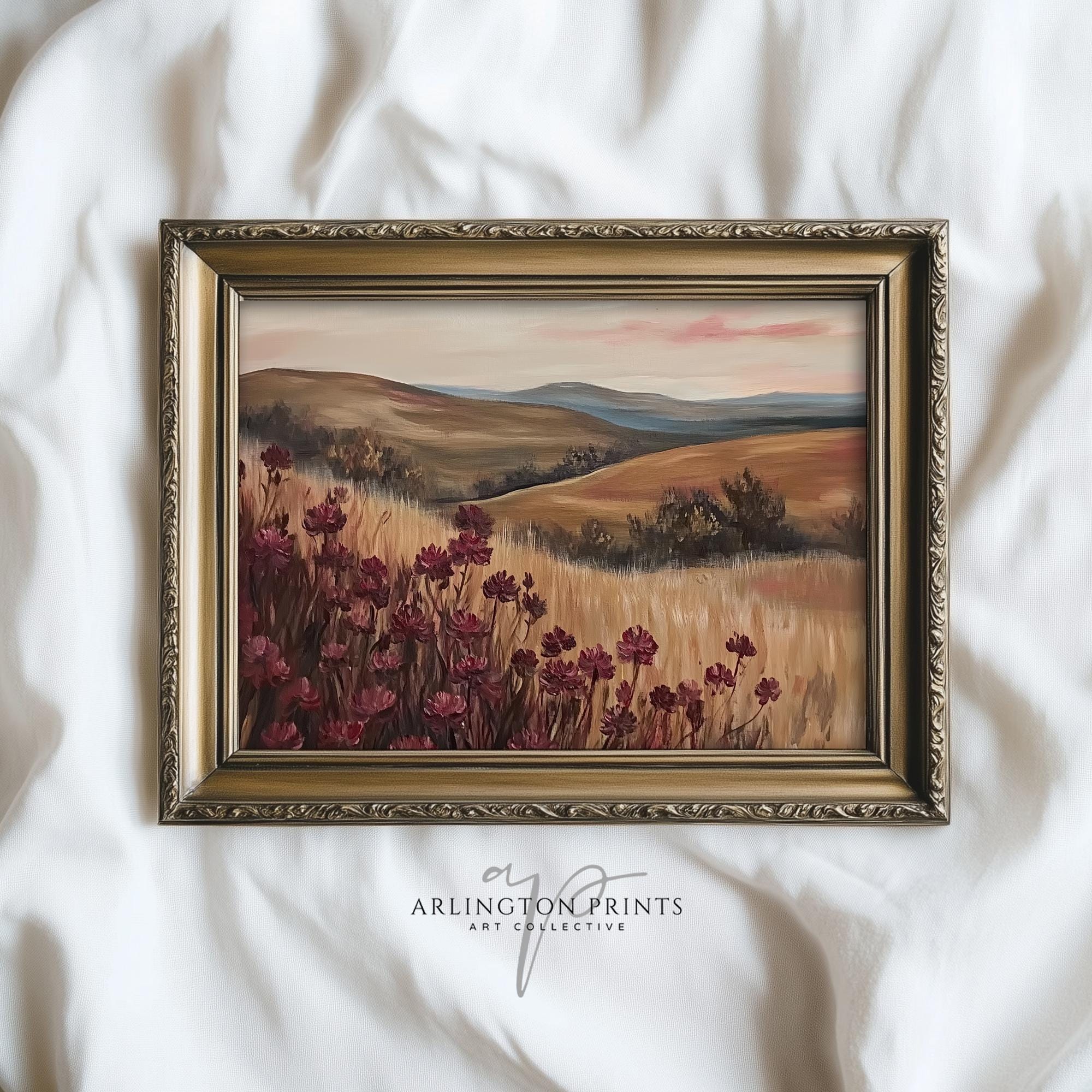 ムーディーな赤い野花のアートプリント、ヴィンテージの油絵、マルーン