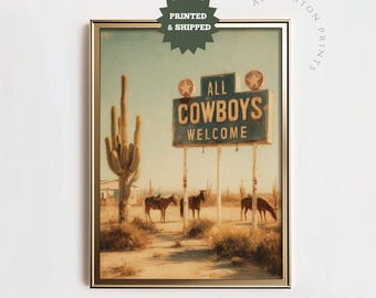 Retro Cowboy Motel Art, Vintage Western Desert Poster, Rustic Old American West Mailed Print, All Cowboys Welcome Sign #4055