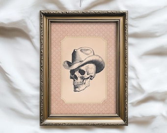 Rustic Gothic Cowboy Wall Art, Vintage Halloween Skull Print, Spooky Skeleton Decor, Western Gothcore Home Poster, Printable Artwork