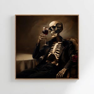 Skeleton Wall Art Print, Classy Halloween Skull Artwork, Printed and Shipped Bar Cart Decor, UNFRAMED Creepy Wine Gothic Wall Art