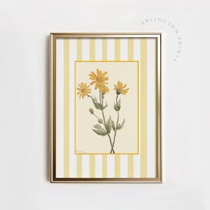 Soft Yellow Striped Floral Art Print, Printable Grandmillenial Antique Botanical Prints, Nancy Meyers Inspired Art, Nursery Decor | TC12