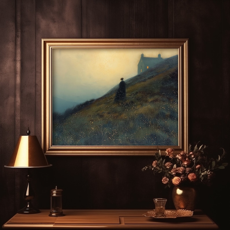 Gothic Art Print, Bronte Sisters, Jane Eyre Inspired, Dark Academia, Antique Wall Art, Vintage Gothic Art, Black Dress, Moody Wall Art, Dark Landscape, Wildflower Field, Dark Cottagecore, England, English Country, Instant Download, Digital Download