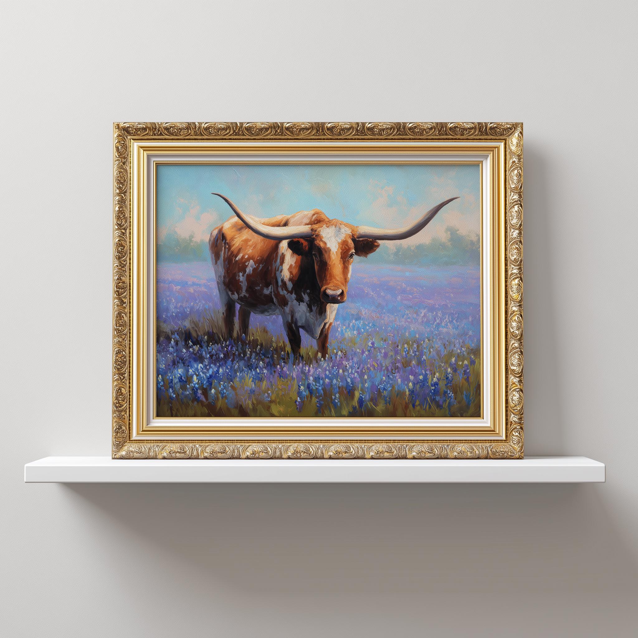 Texas Longhorn Cattle Wall Art, Bluebonnet Field Printable