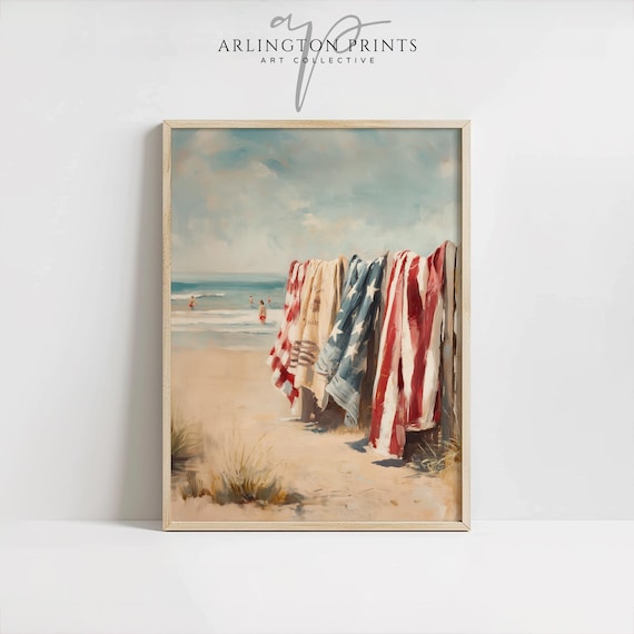Patriotic Beachy Wall Art, Coastal 4th of July PRINTABLE, Red White Blue Beach Towels, Vintage Summer Seaside Decor, Retro Americana Print