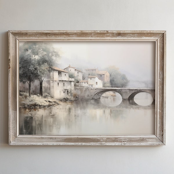 Vintage Wall Art, Country Village, Oil Painting, French Country Art Print, Download, Antique White Art, Instant Download