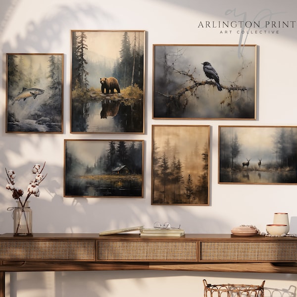 Vintage Woodland Gallery Wall Print SET of 6. Rustic Country Wall Art, Moody Forest Wall Prints, Wildlife Prints Bundle, Digital Download