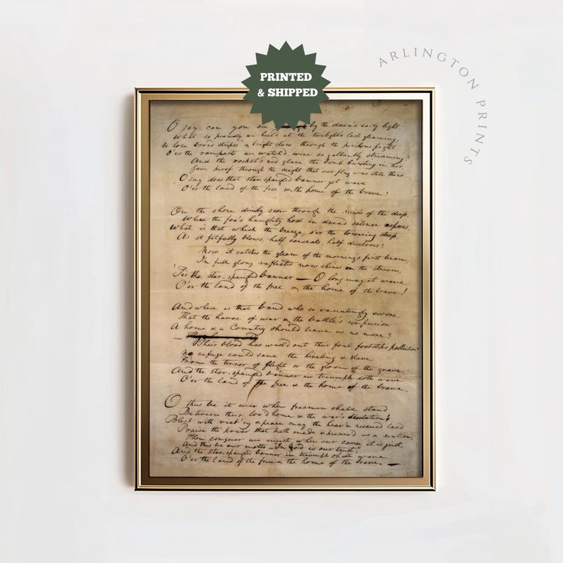 Vintage artwork of the Star-Spangled Banner in Francis Scott Key’s original 1814 handwriting, perfect for 4th of July and patriotic home decor.