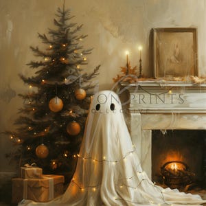 Christmas Halloween Art, Cute Ghost, Christmas Tree, Digital Download, Cottagecore, Haunted House Painting, Cute Sheet Ghost, Home Decor, Christmas Decorations, Ghost Decorating the Tree, Adorable Winter Wall Art, Rustic Cottage Print, Vintage Vibes