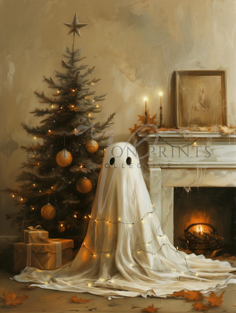 Christmas Halloween Art, Cute Ghost, Christmas Tree, Digital Download, Cottagecore, Haunted House Painting, Cute Sheet Ghost, Home Decor, Christmas Decorations, Ghost Decorating the Tree, Adorable Winter Wall Art, Rustic Cottage Print, Vintage Vibes