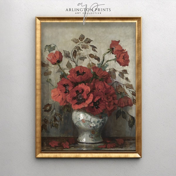 Moody Antique Floral Still Life | Red Poppies with Green Leaves in Vase Oil Painting | Vintage Printable Art | Digital Download | 863