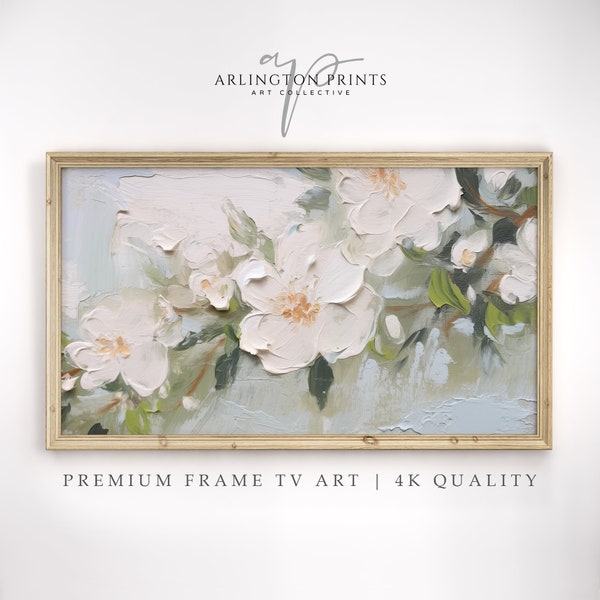 Samsung Frame TV Art, Abstract Impasto White Flowers Art, Vintage Oil Painting, Digital Download