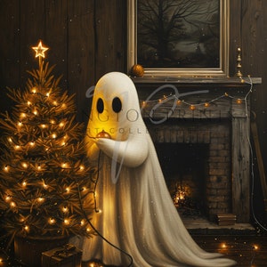 Christmas Halloween Art, Cute Ghost, Christmas Tree, Digital Download, Cottagecore, Haunted House Painting, Cute Sheet Ghost, Home Decor, Christmas Decorations, Ghost Decorating the Tree, Adorable Winter Wall Art, Rustic Cottage Print, Vintage Vibes