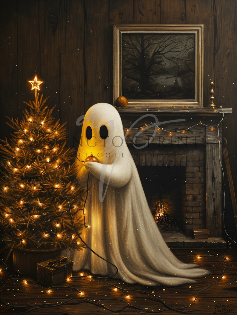 Christmas Halloween Art, Cute Ghost, Christmas Tree, Digital Download, Cottagecore, Haunted House Painting, Cute Sheet Ghost, Home Decor, Christmas Decorations, Ghost Decorating the Tree, Adorable Winter Wall Art, Rustic Cottage Print, Vintage Vibes