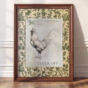 Lustiger Hahn Poster, Gluck Off Druck, Vintage Briefmarke Dekor, Kuh Huhn auf dem Land, Landküche Printable #5941