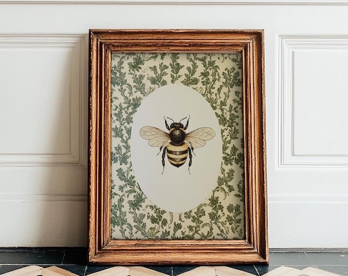Vintage Bee Wall Art, Cottagecore Floral, Botanical Insect Decor, PRINTED AND SHIPPED, Bumblebee Oval Print, Rustic Garden Art Poster