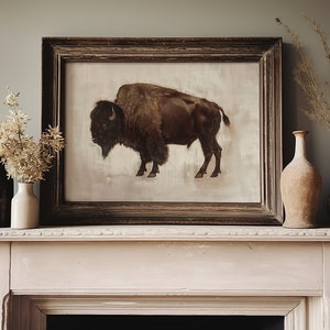 Wildlife-inspired printable art of a buffalo, with painterly strokes and rustic appeal. A bold yet classic digital artwork for Western or Americana interiors.