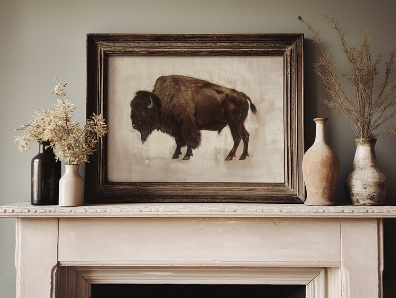 Wildlife-inspired printable art of a buffalo, with painterly strokes and rustic appeal. A bold yet classic digital artwork for Western or Americana interiors.