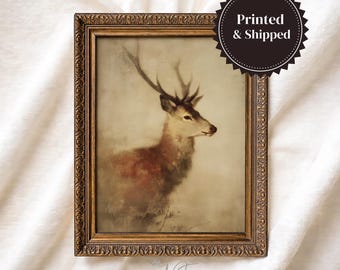 Rustic Deer Art Print, Vintage Woodland Stag Painting, Farmhouse Lodge Wall Decor, Giclée UNFRAMED 12-19