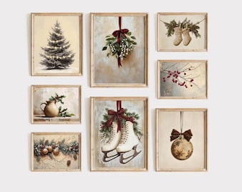 May include: A gallery wall set of eight framed prints featuring Christmas themes: a lit pine tree, mistletoe with a red ribbon, hanging stockings, red berries on a branch, a pitcher with holly, ice skates, pine branches with ornaments, and a bauble.