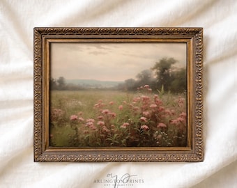 Spring Field Floral Printable Art – Soft Pink Wildflowers Cottagecore Landscape Vintage Wall Decor 10-29