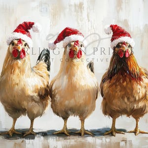 Whimsical Christmas chicken wall art print featuring three chickens in Santa hats, festive farmhouse holiday nursery decor, rustic and playful seasonal artwork