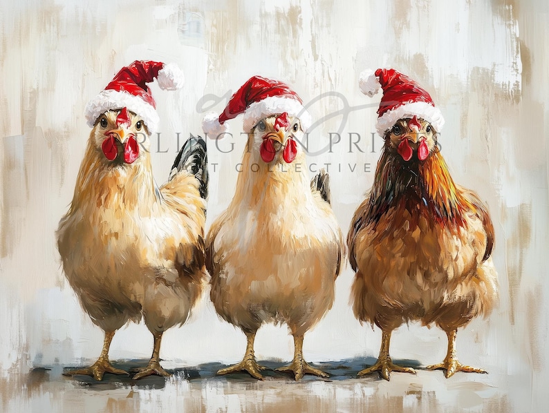 Whimsical Christmas chicken wall art print featuring three chickens in Santa hats, festive farmhouse holiday nursery decor, rustic and playful seasonal artwork