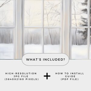 Samsung Frame TV art depicting a realistic painted window view of a serene winter landscape. Soft light filters through frosted glass panes, revealing snow-covered trees and a peaceful gray-and-white forest scene outside. The brushstrokes create a cozy, minimalist atmosphere perfect for modern farmhouse or winter home décor.