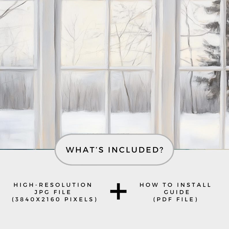 Samsung Frame TV art depicting a realistic painted window view of a serene winter landscape. Soft light filters through frosted glass panes, revealing snow-covered trees and a peaceful gray-and-white forest scene outside. The brushstrokes create a cozy, minimalist atmosphere perfect for modern farmhouse or winter home décor.
