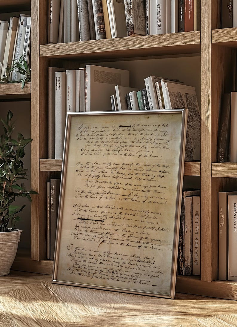 Vintage artwork of the Star-Spangled Banner in Francis Scott Key’s original 1814 handwriting, perfect for 4th of July and patriotic home decor.