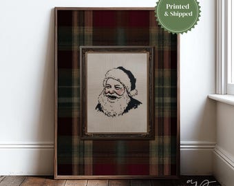 Rustic Plaid Santa Print, Classic Christmas Wall Art, Vintage Holiday Decor, Cozy Winter Artwork, PRINTED AND SHIPPED T149