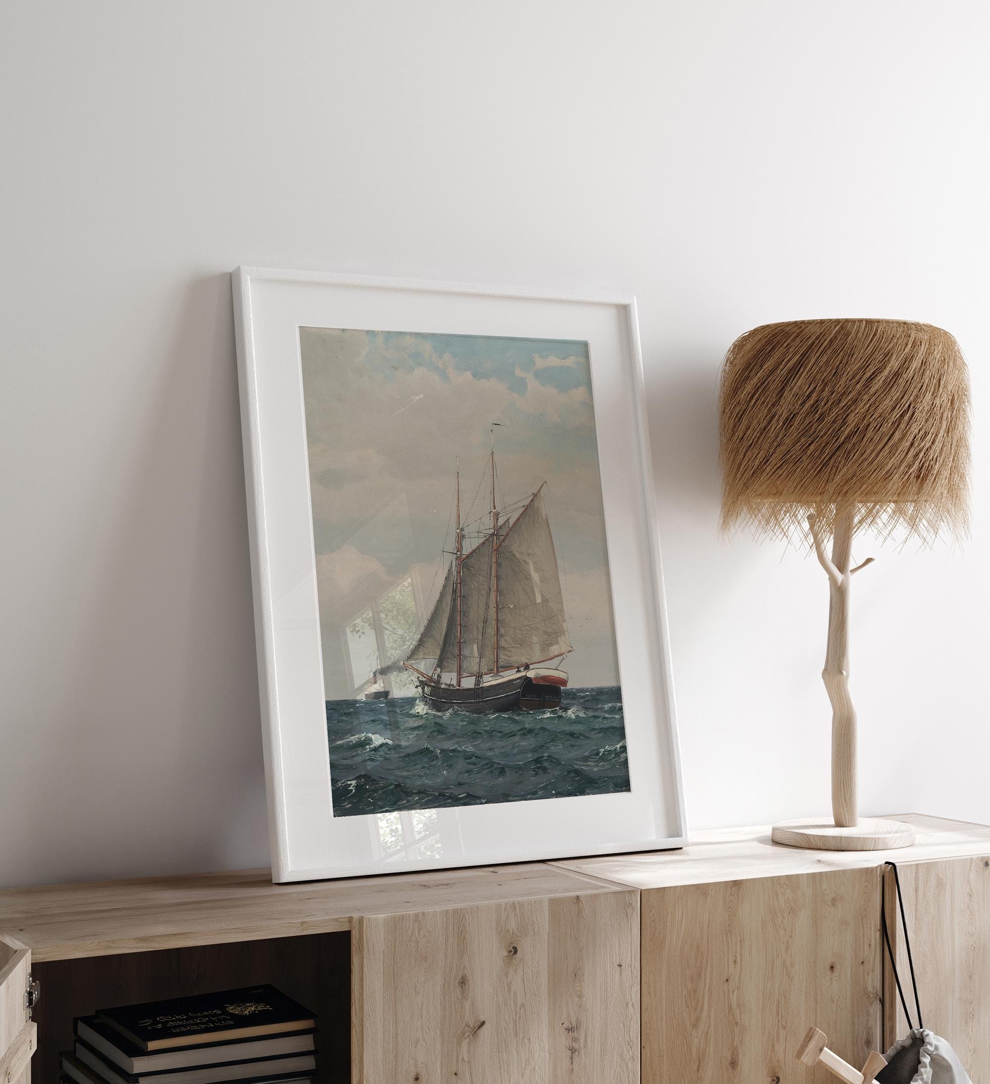 Vintage Ship Wall Art Print, Rustic Seascape Painting, Nautical Coastal ...