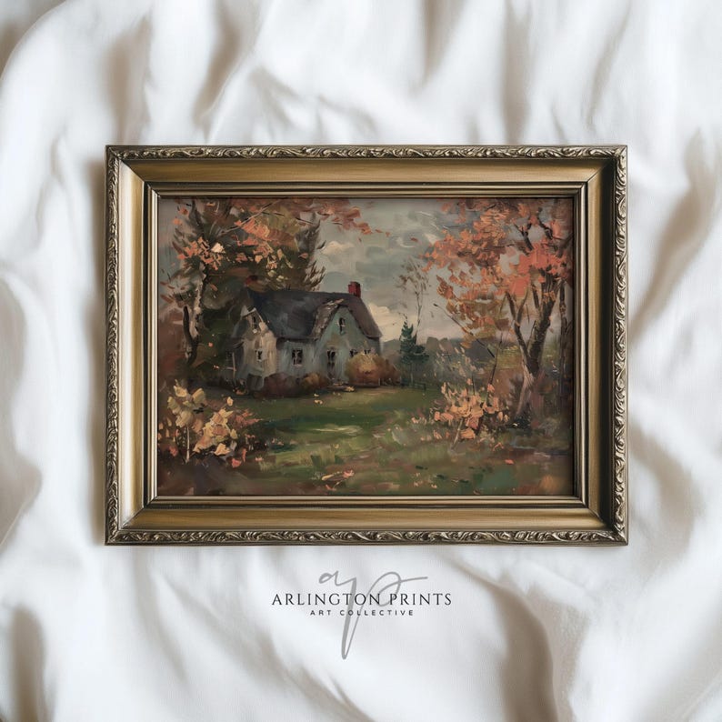 Impressionist-style painting of a cozy white cottage surrounded by colorful autumn trees. The brushstrokes are bold and textured, with warm shades of orange, red, and yellow leaves contrasted against a dark blue-gray roof and a lush green lawn. The overall mood is peaceful and nostalgic, evoking a quiet fall day in the countryside.